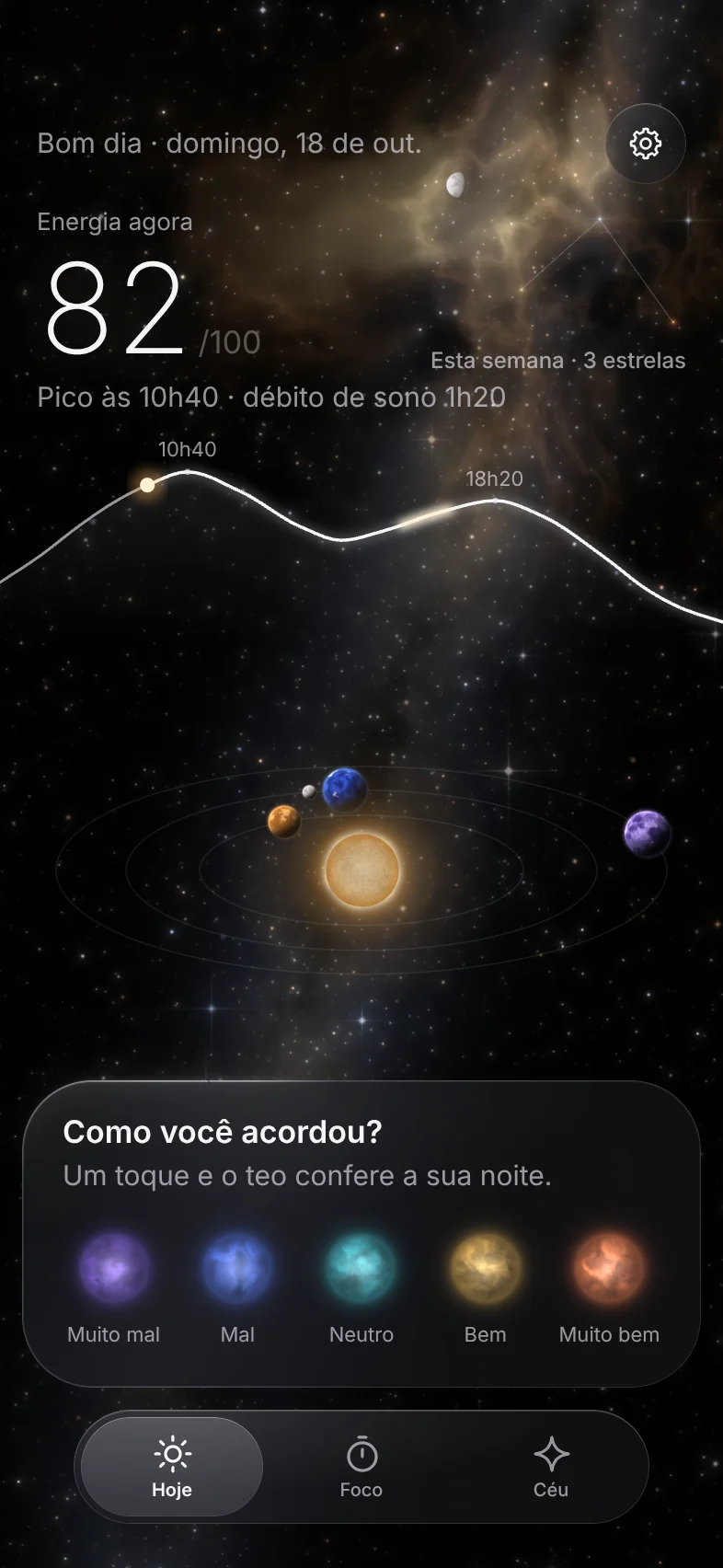 Tela Hoje do teo: energia agora 82 de 100, pico às 10h40 e o sistema solar em órbita